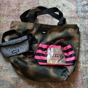 Victoria's Secret Camouflage Tote with Pink Striped Bag and glitter waist bag